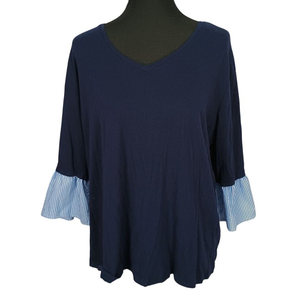 Westbound Womens V-Neck Navy Top With Striped Bell Sleeves 2X